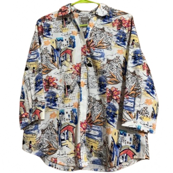 Chico’s Women’s Vibrant Multi 100% Cotton No-Iron Relaxed Graphic Shirt Sz-S/M - Picture 1 of 7